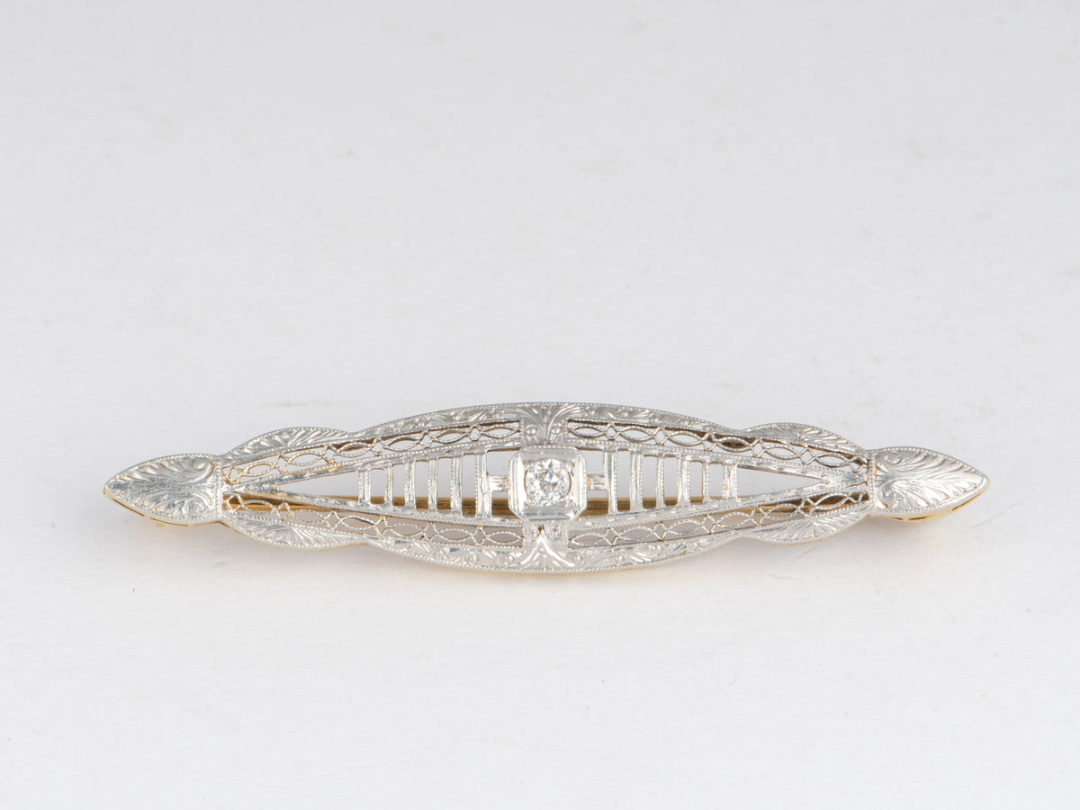 14K Yellow Gold Platinum Plating Art Deco Pin with Old Cut Diamond Center Filigree Elongated Shape V1245