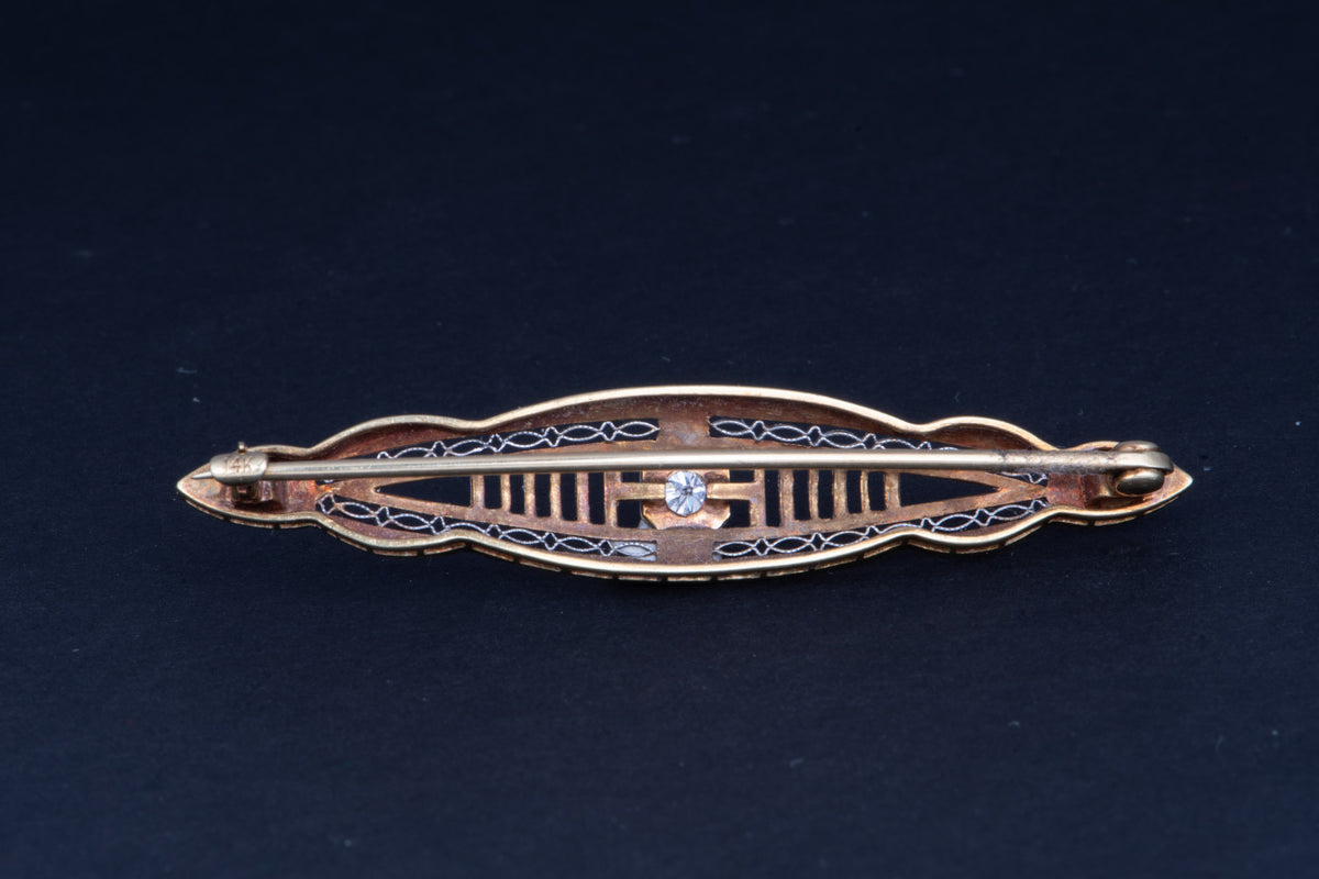 14K Yellow Gold Platinum Plating Art Deco Pin with Old Cut Diamond Center Filigree Elongated Shape V1245