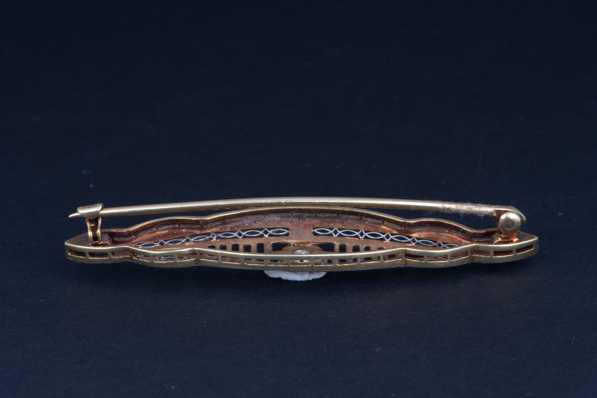 14K Yellow Gold Platinum Plating Art Deco Pin with Old Cut Diamond Center Filigree Elongated Shape V1245