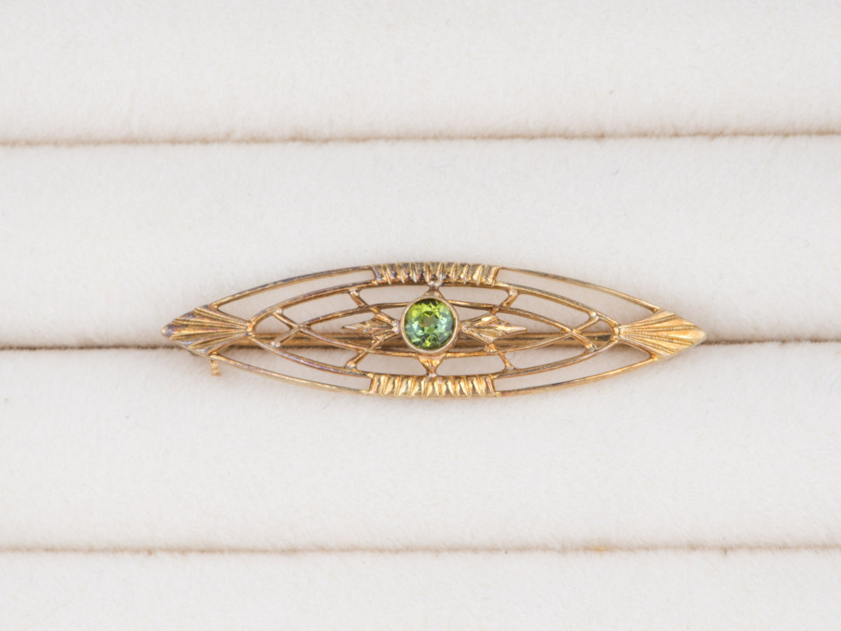 14K Gold Vintage Bar Pin Brooch with Green Stone Art Deco Filigree Navette Shape V1249