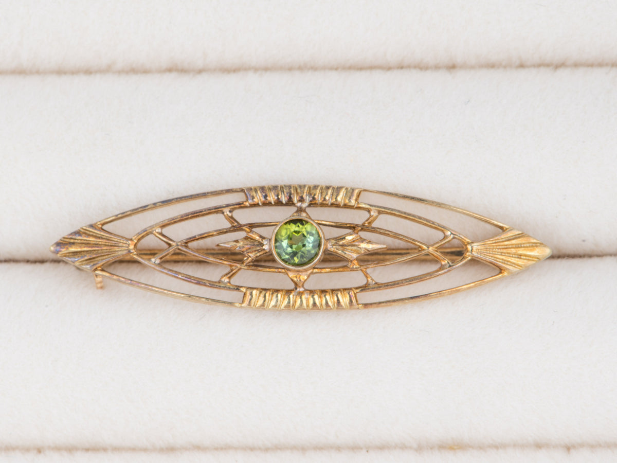 14K Gold Vintage Bar Pin Brooch with Green Stone Art Deco Filigree Navette Shape V1249