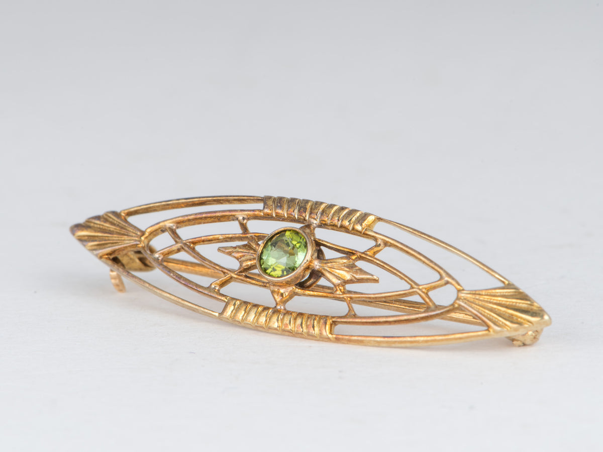 14K Gold Vintage Bar Pin Brooch with Green Stone Art Deco Filigree Navette Shape V1249