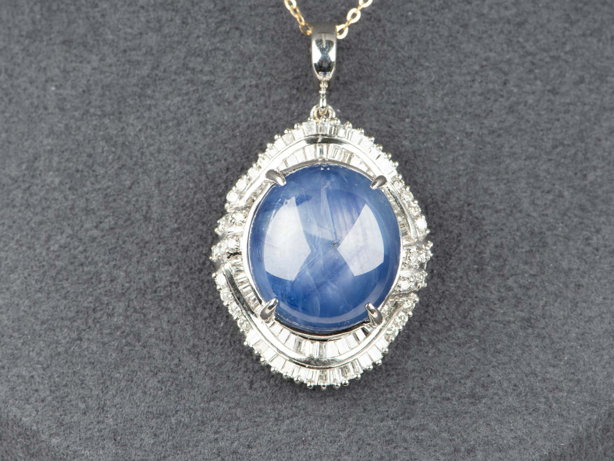 Platinum 39.22ct Myanmar Star Sapphire with 2ct+ Diamond Halo Pendant Burma Mogok Certified Untreated Natural V1250