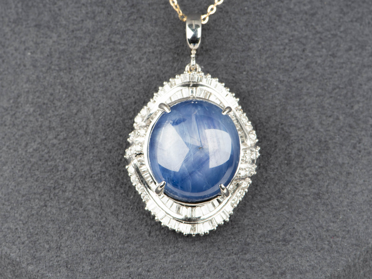 Platinum 39.22ct Myanmar Star Sapphire with 2ct+ Diamond Halo Pendant Burma Mogok Certified Untreated Natural V1250