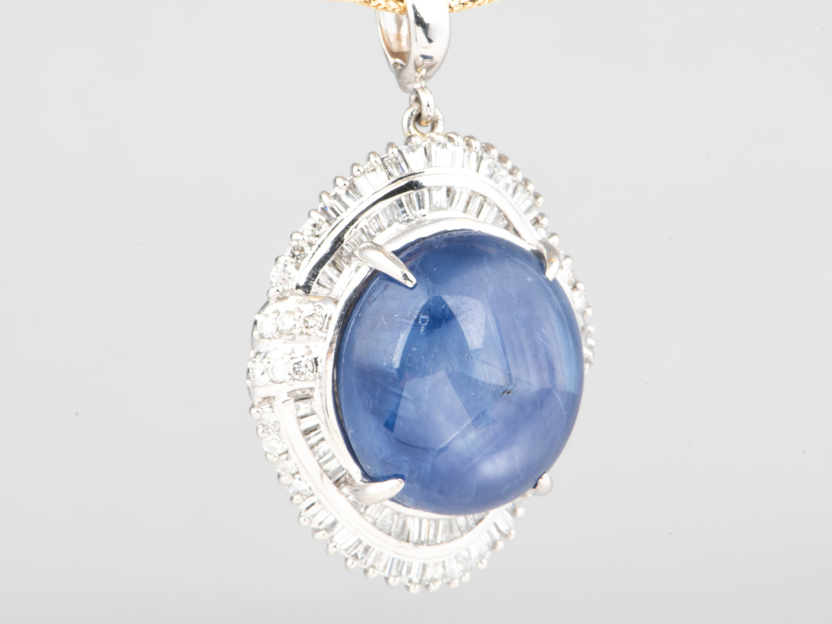 Platinum 39.22ct Myanmar Star Sapphire with 2ct+ Diamond Halo Pendant Burma Mogok Certified Untreated Natural V1250