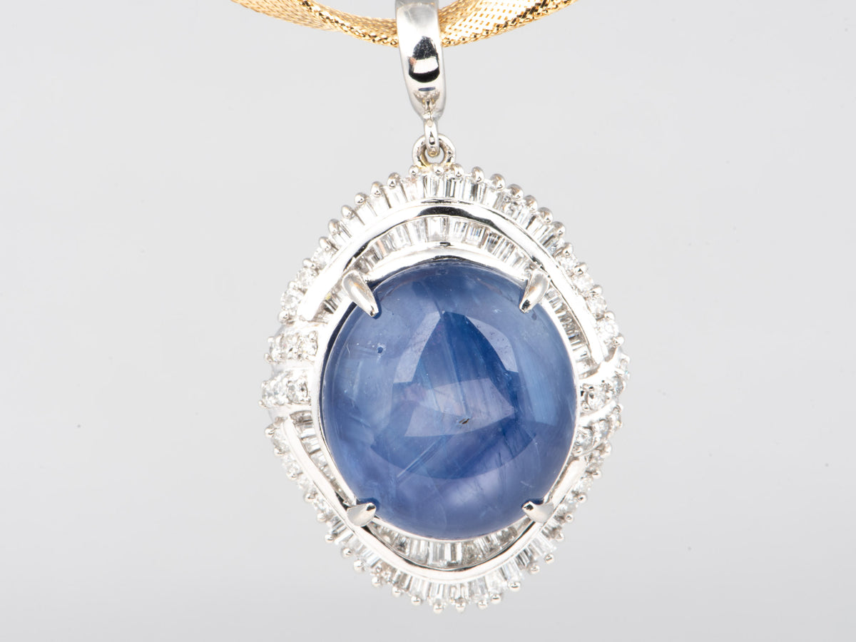Platinum 39.22ct Myanmar Star Sapphire with 2ct+ Diamond Halo Pendant Burma Mogok Certified Untreated Natural V1250
