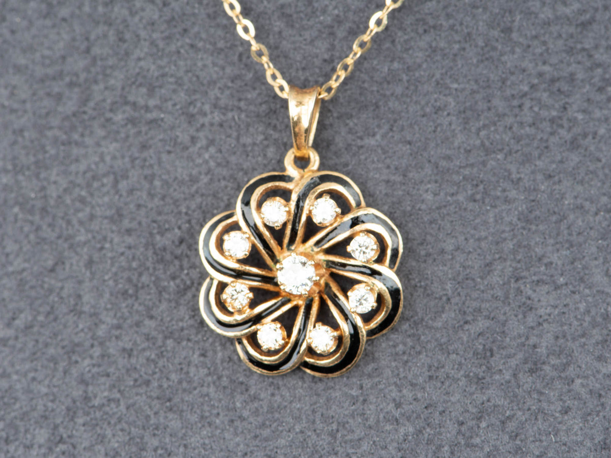 14K Gold Vintage Black Enamel Floral Shape Pendant with Diamonds 0.35ct V1253
