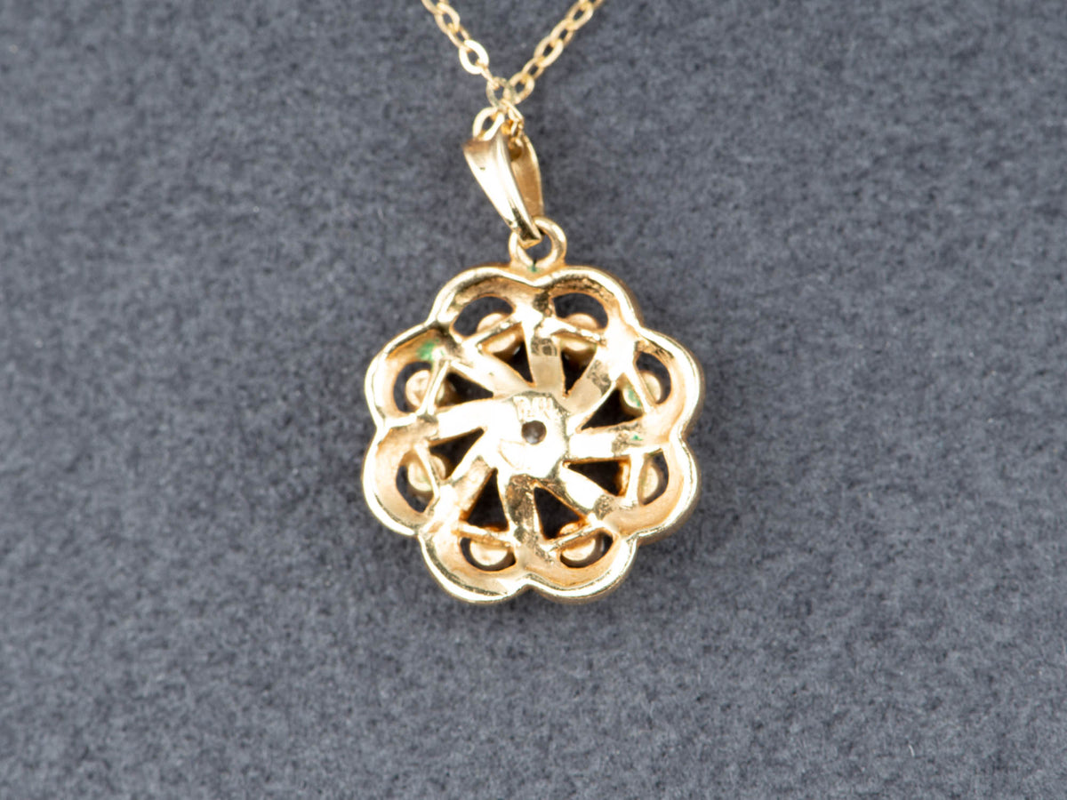 14K Gold Vintage Black Enamel Floral Shape Pendant with Diamonds 0.35ct V1253