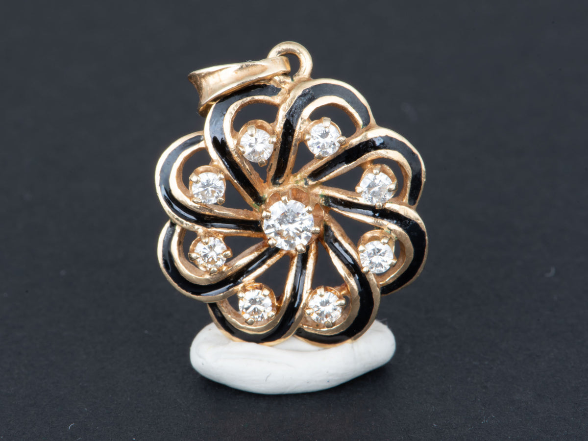14K Gold Vintage Black Enamel Floral Shape Pendant with Diamonds 0.35ct V1253