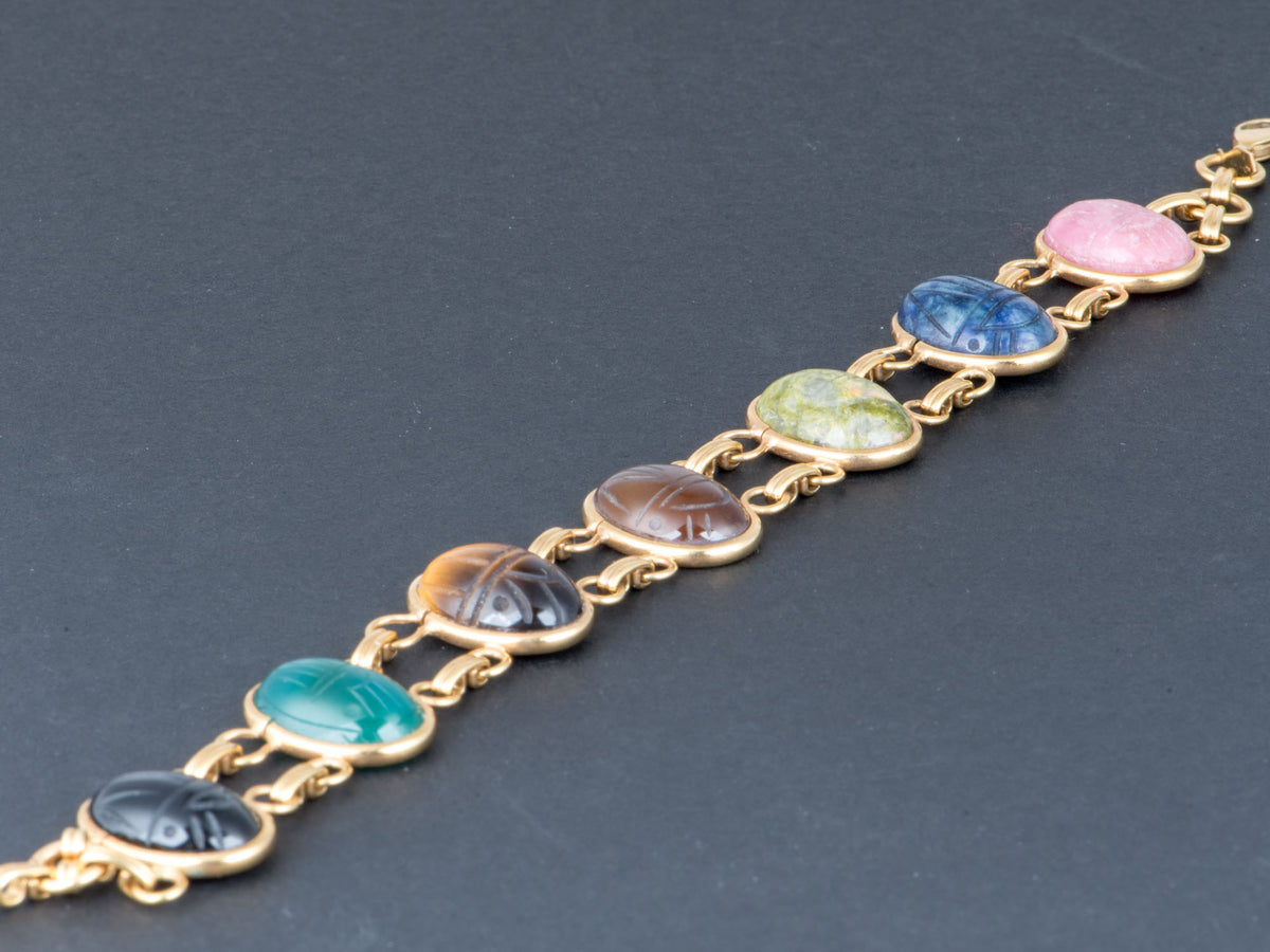 14K Gold Bojar Company Vintage Carved Scarab Gemstone Bracelet 7.25" Natural Gems Green &amp; Black Onyx Tiger's Eye Jasper Rhodochrosite Sodalite V1256