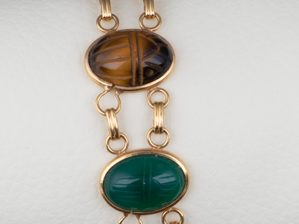 14K Gold Bojar Company Vintage Carved Scarab Gemstone Bracelet 7.25" Natural Gems Green &amp; Black Onyx Tiger's Eye Jasper Rhodochrosite Sodalite V1256