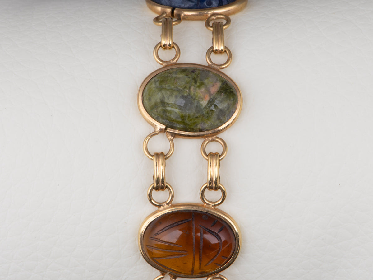 14K Gold Bojar Company Vintage Carved Scarab Gemstone Bracelet 7.25" Natural Gems Green &amp; Black Onyx Tiger's Eye Jasper Rhodochrosite Sodalite V1256