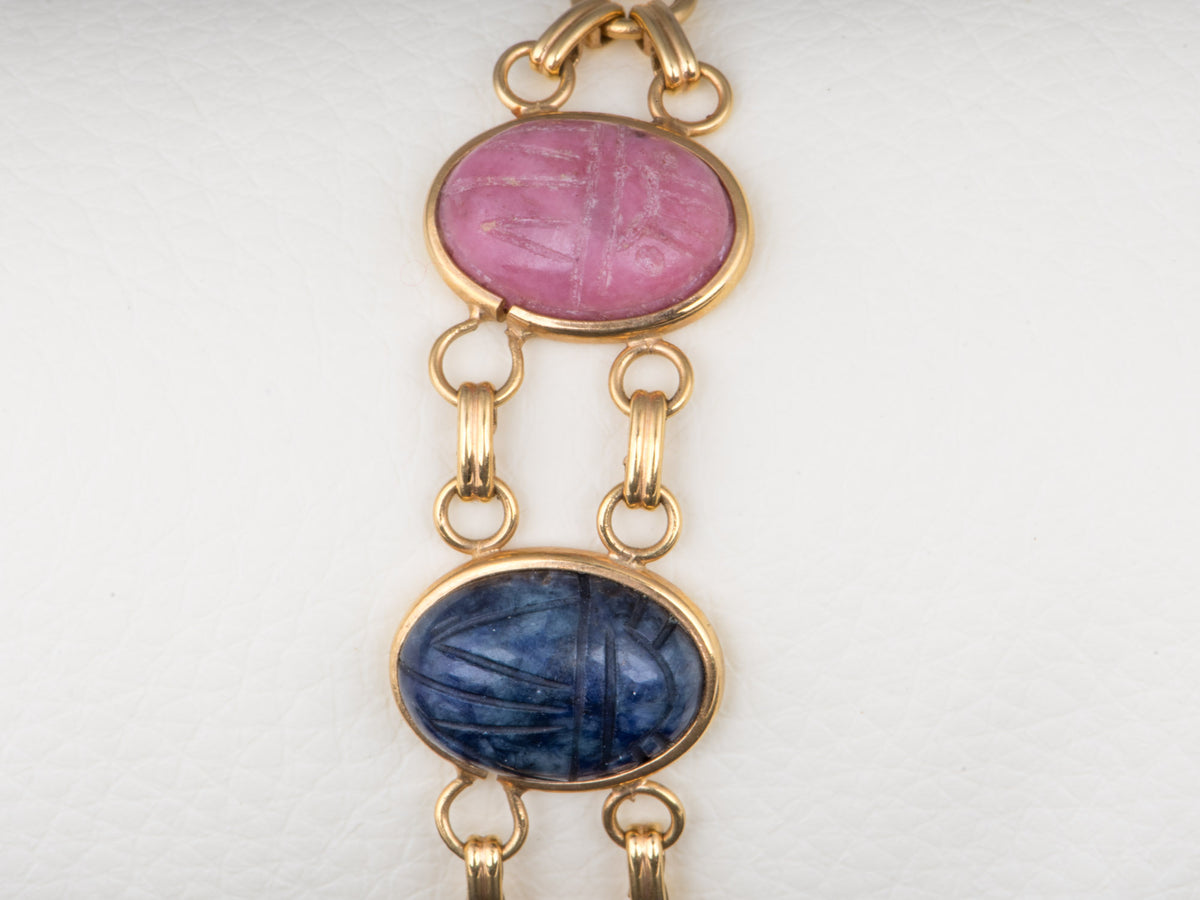 14K Gold Bojar Company Vintage Carved Scarab Gemstone Bracelet 7.25" Natural Gems Green &amp; Black Onyx Tiger's Eye Jasper Rhodochrosite Sodalite V1256