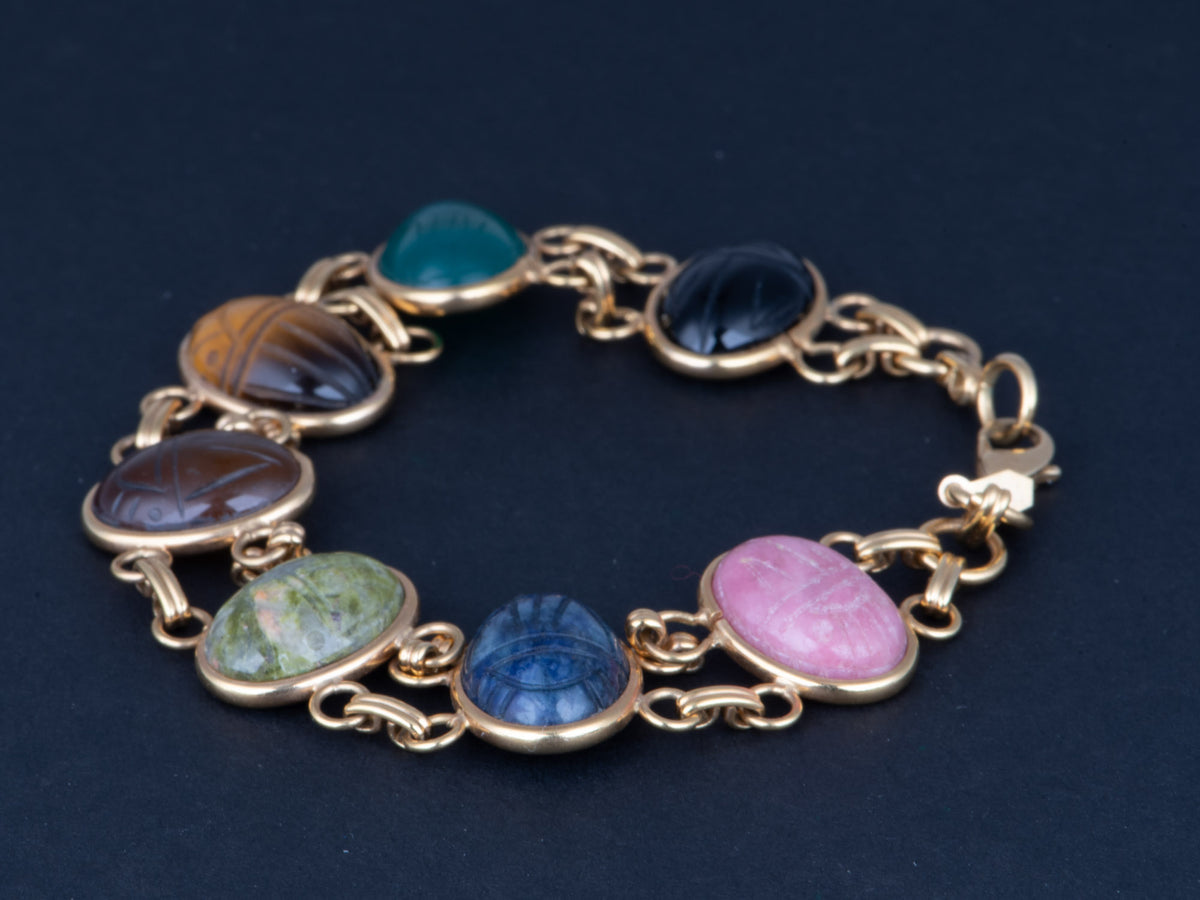 14K Gold Bojar Company Vintage Carved Scarab Gemstone Bracelet 7.25" Natural Gems Green &amp; Black Onyx Tiger's Eye Jasper Rhodochrosite Sodalite V1256