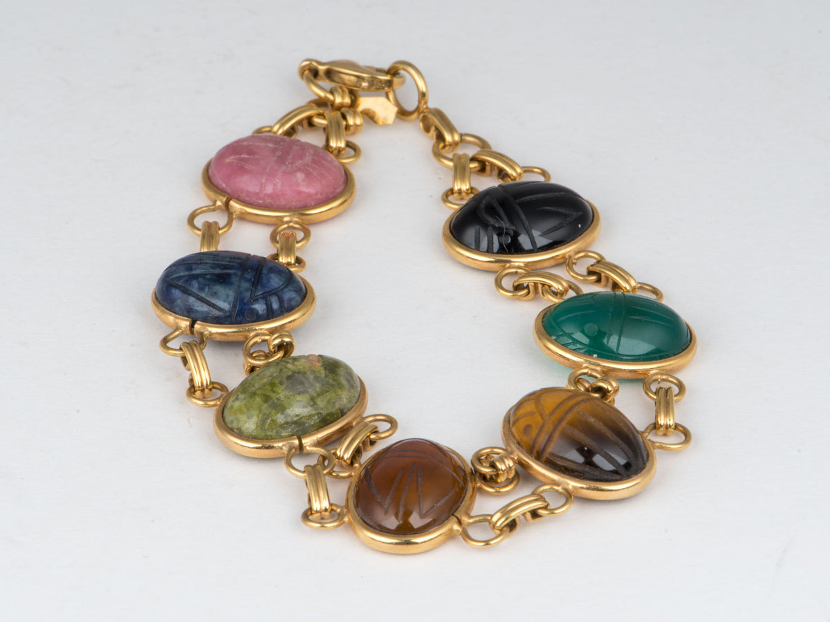 14K Gold Bojar Company Vintage Carved Scarab Gemstone Bracelet 7.25" Natural Gems Green &amp; Black Onyx Tiger's Eye Jasper Rhodochrosite Sodalite V1256