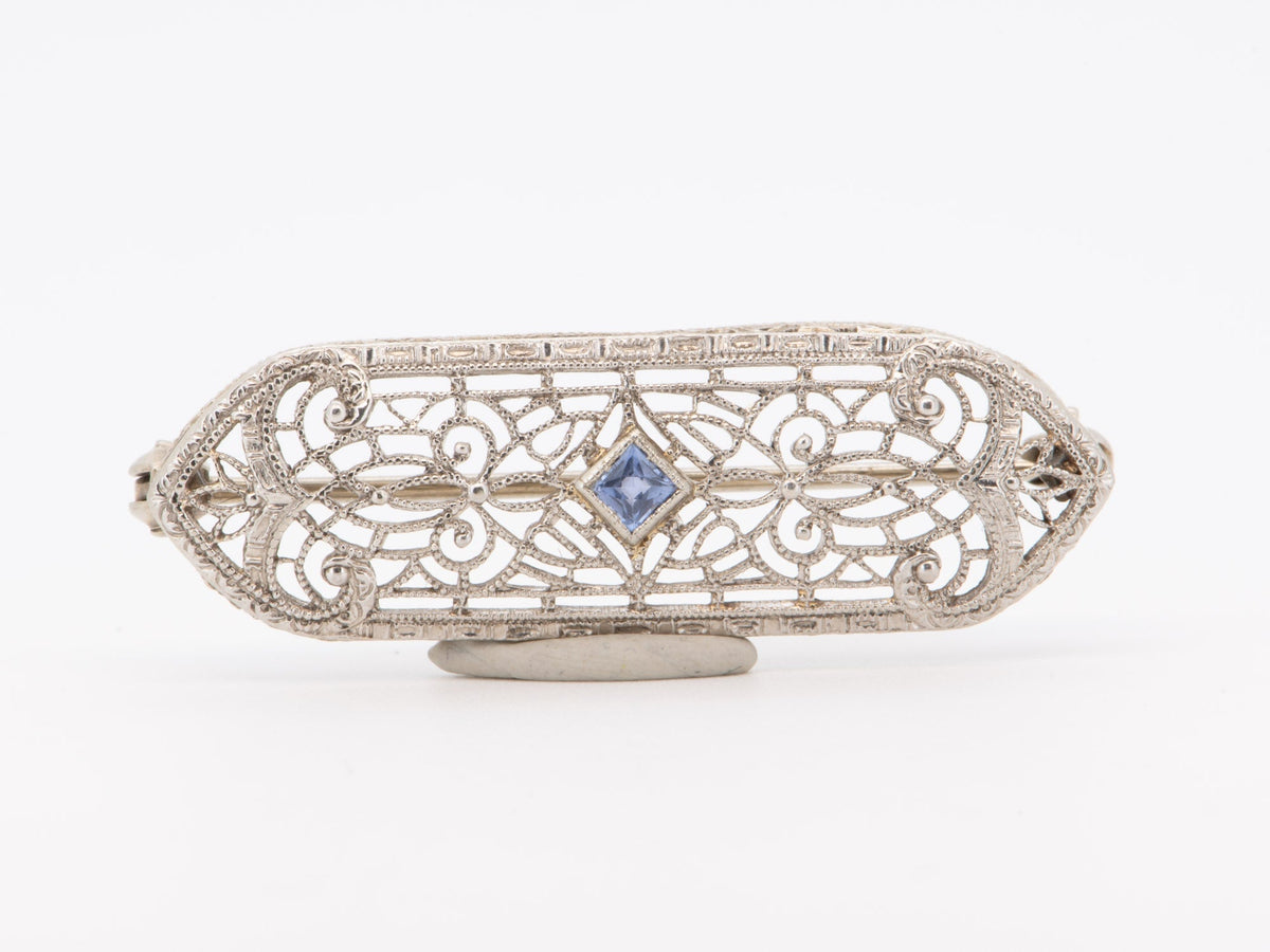 14K White Gold Vintage Art Deco Filigree Bar Pin with Blue Stone Brooch V1258 Aurora Designer