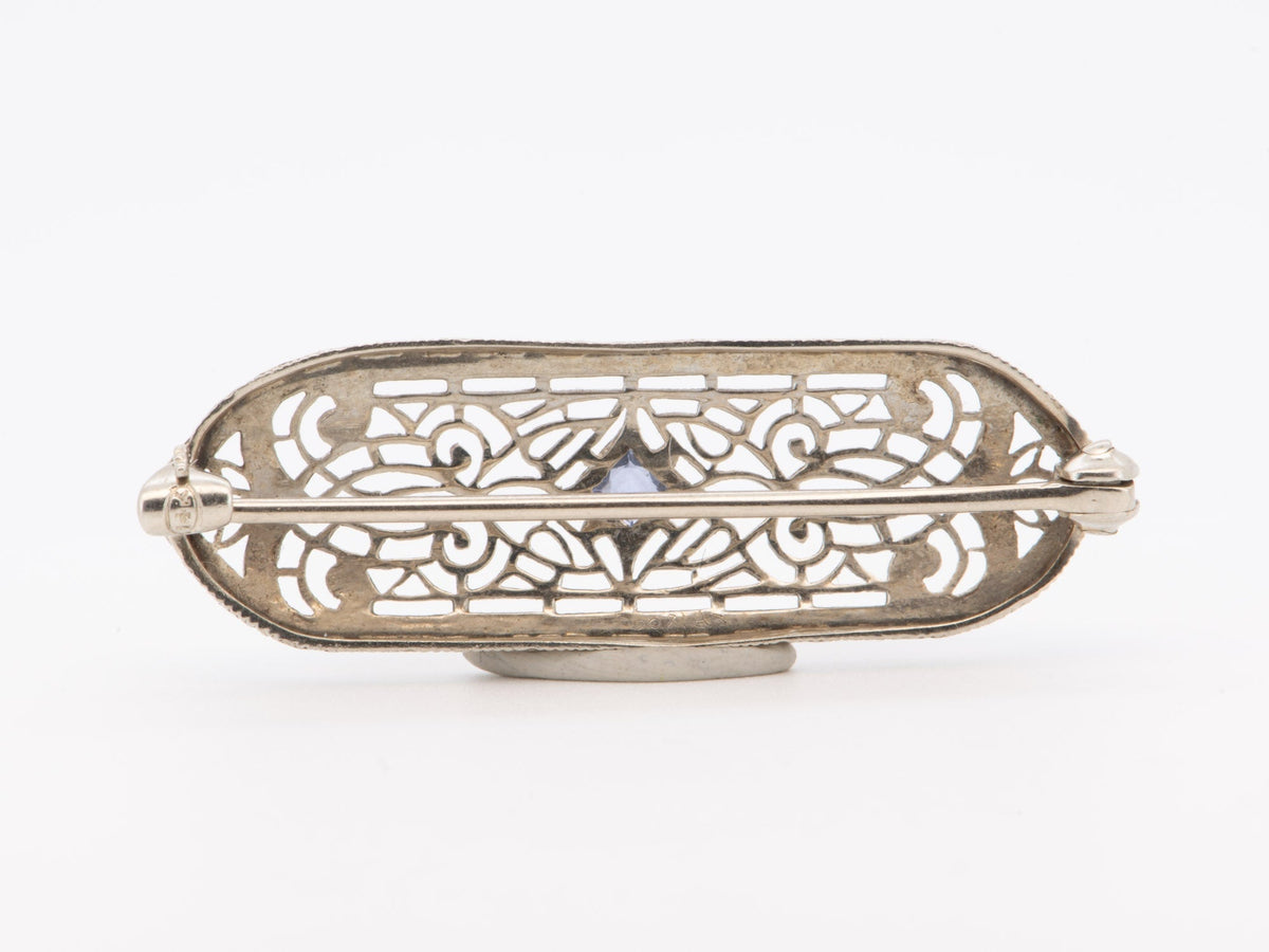 14K White Gold Vintage Art Deco Filigree Bar Pin with Blue Stone Brooch V1258 Aurora Designer