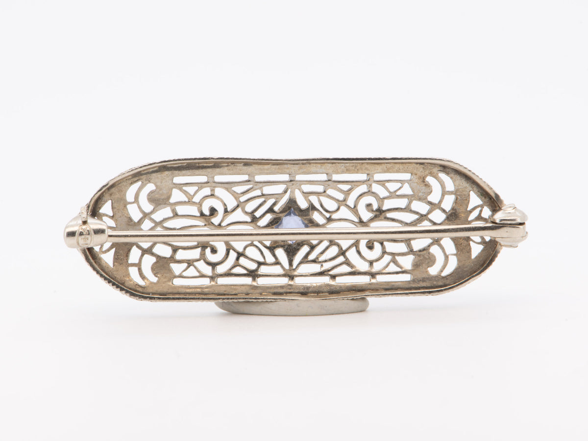 14K White Gold Vintage Art Deco Filigree Bar Pin with Blue Stone Brooch V1258
