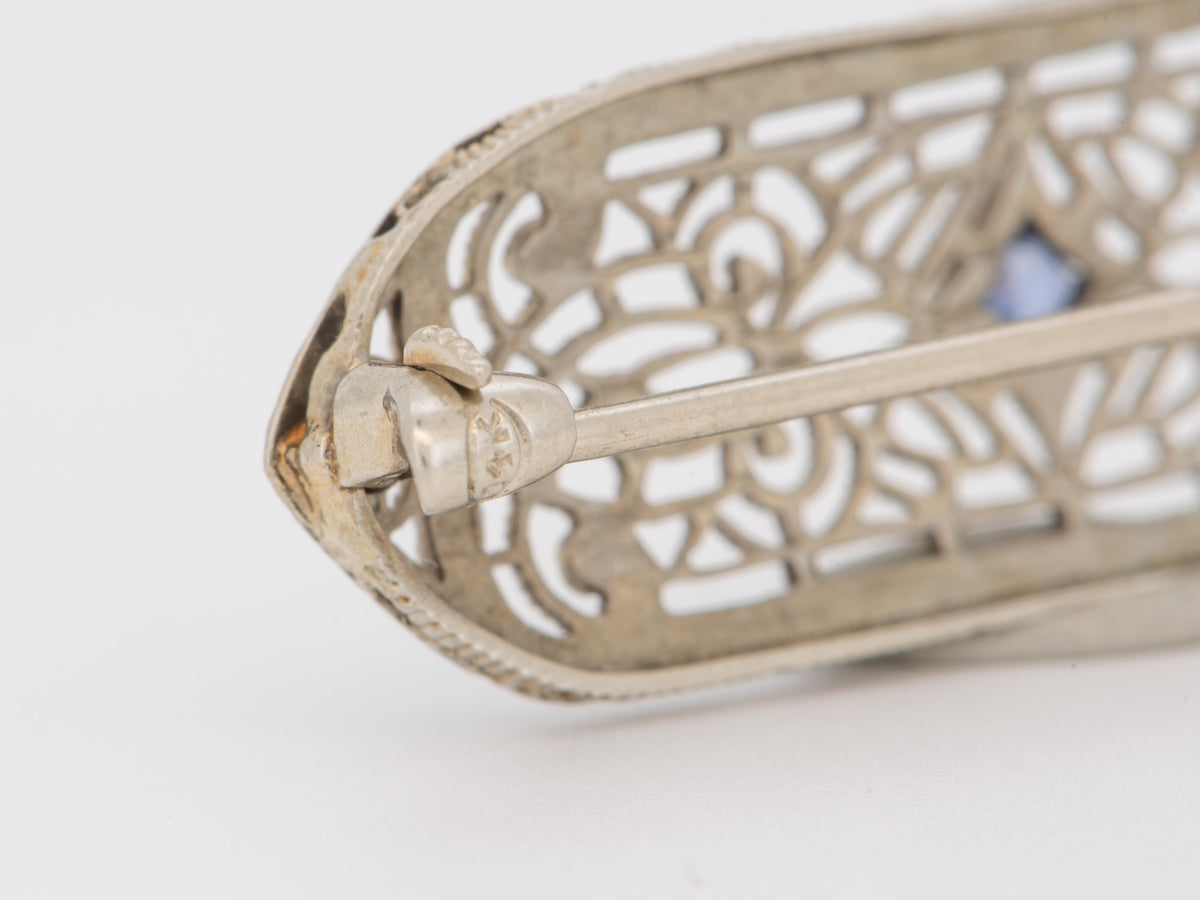 14K White Gold Vintage Art Deco Filigree Bar Pin with Blue Stone Brooch V1258