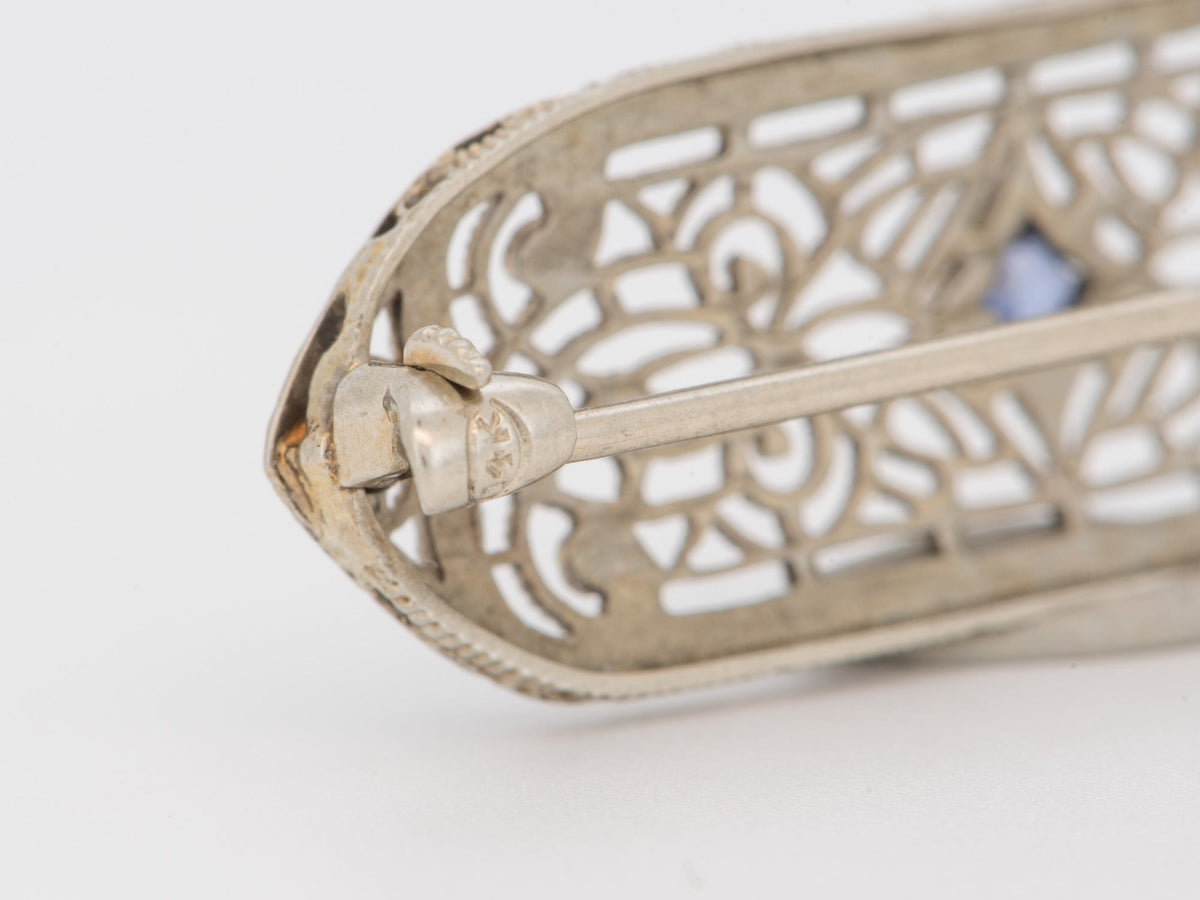 14K White Gold Vintage Art Deco Filigree Bar Pin with Blue Stone Brooch V1258 Aurora Designer