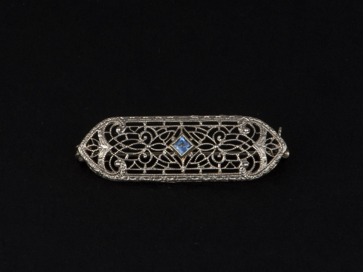 14K White Gold Vintage Art Deco Filigree Bar Pin with Blue Stone Brooch V1258 Aurora Designer