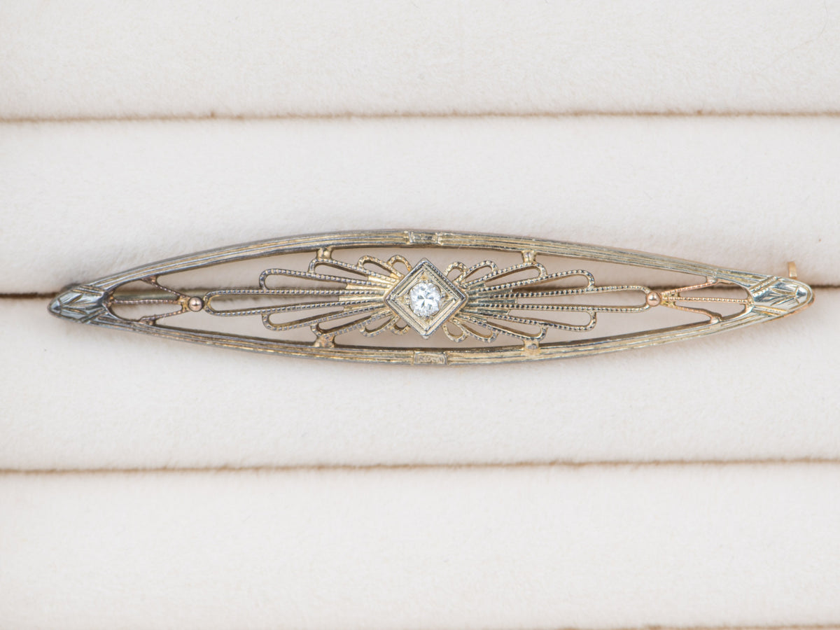 14K Gold Vintage Art Deco Filigree Bar Pin with Diamond Brooch Long Elongated Shape V1260