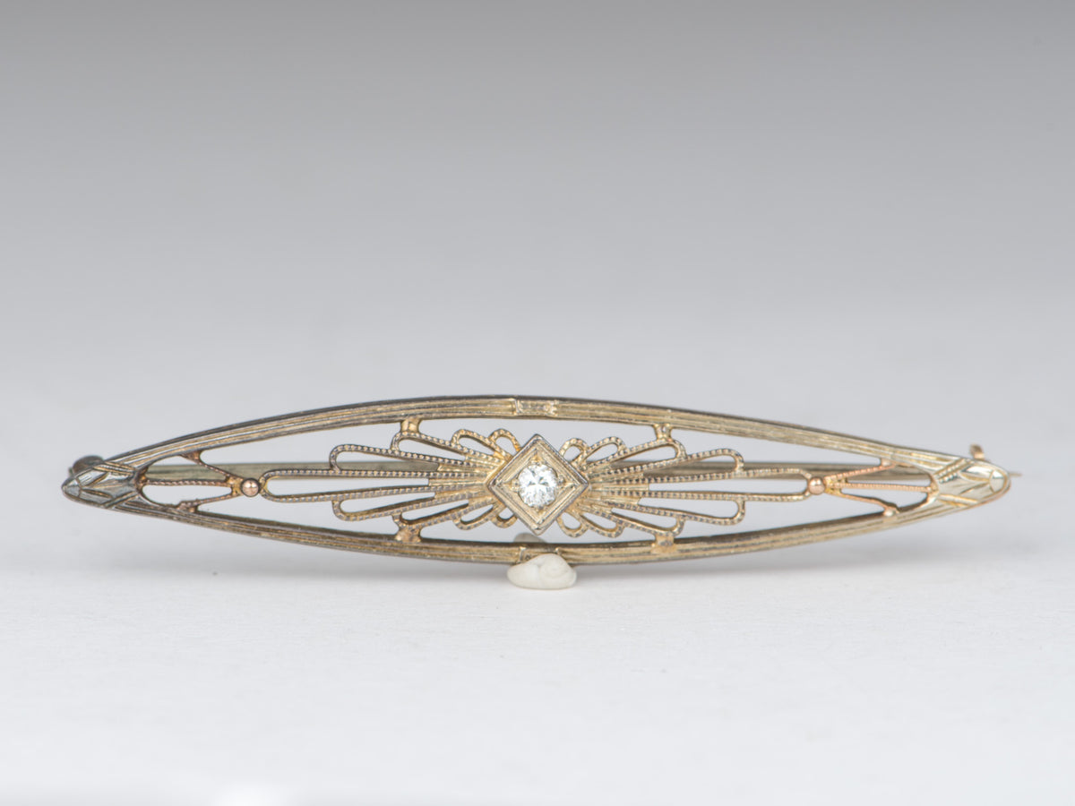 14K Gold Vintage Art Deco Filigree Bar Pin with Diamond Brooch Long Elongated Shape V1260