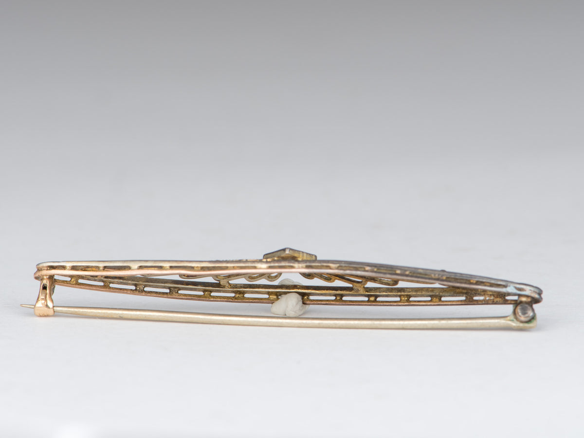 14K Gold Vintage Art Deco Filigree Bar Pin with Diamond Brooch Long Elongated Shape V1260