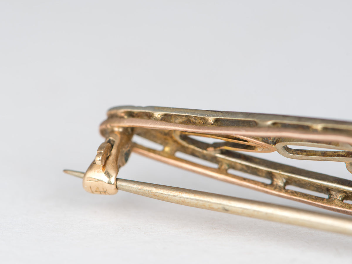 14K Gold Vintage Art Deco Filigree Bar Pin with Diamond Brooch Long Elongated Shape V1260