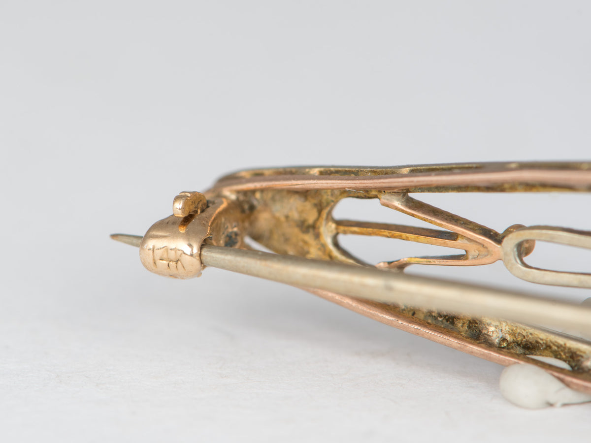 14K Gold Vintage Art Deco Filigree Bar Pin with Diamond Brooch Long Elongated Shape V1260
