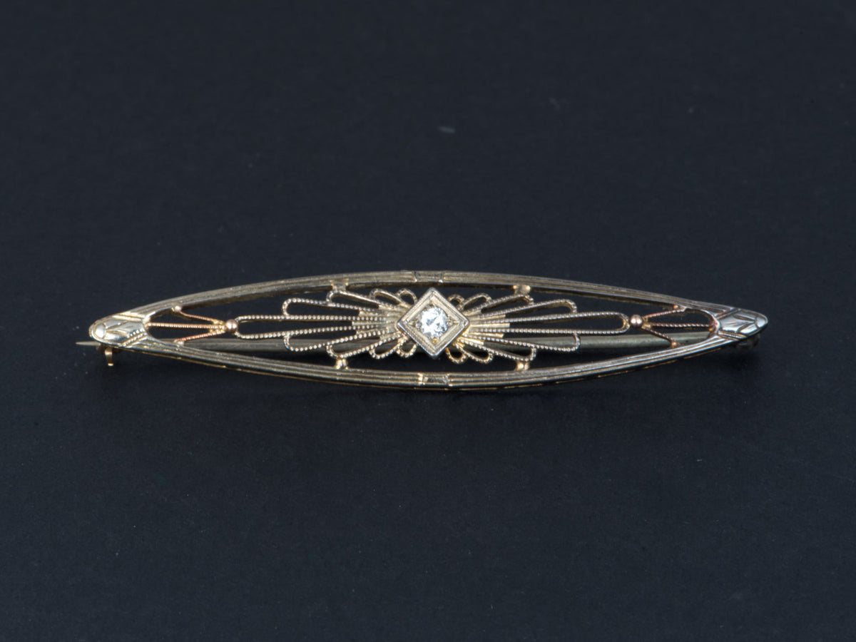 14K Gold Vintage Art Deco Filigree Bar Pin with Diamond Brooch Long Elongated Shape V1260