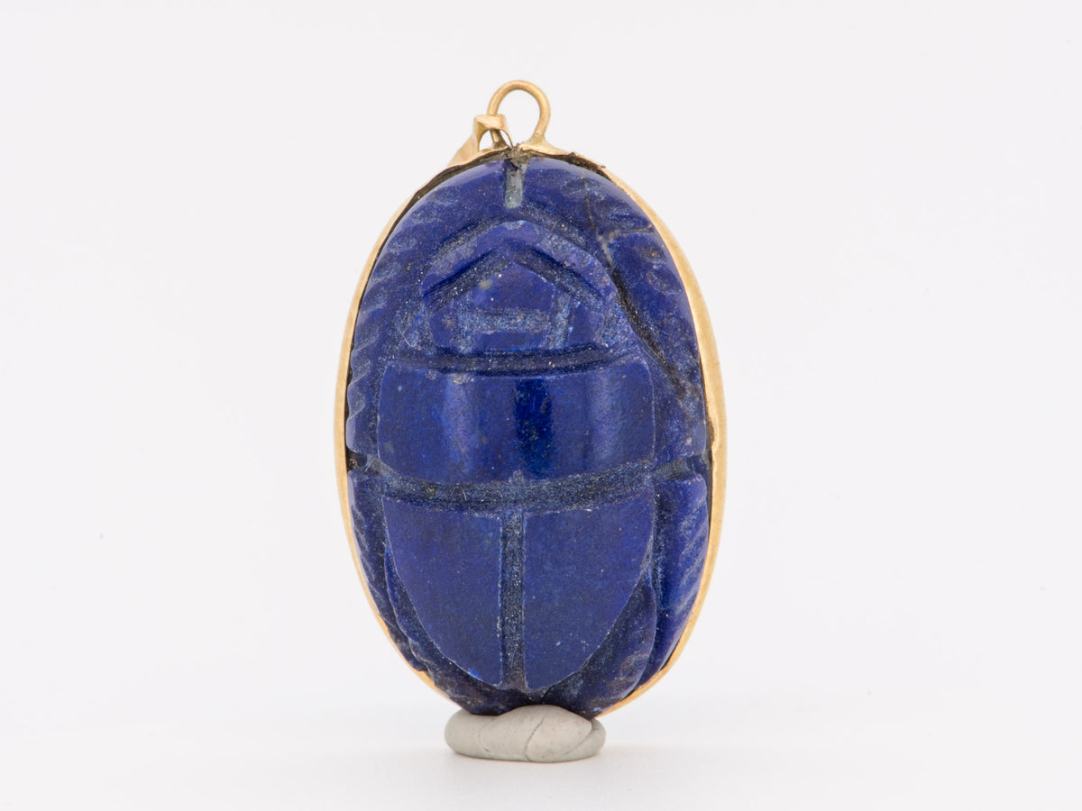 14K Gold Vintage Lapis Lazuli Scarab Pendant Egyptian Revival Carving Carved Gemstone Beetle Khepri God of Creation Rebirth V1262