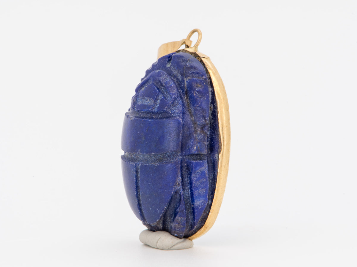 14K Gold Vintage Lapis Lazuli Scarab Pendant Egyptian Revival Carving Carved Gemstone Beetle Khepri God of Creation Rebirth V1262