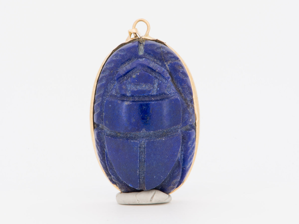 14K Gold Vintage Lapis Lazuli Scarab Pendant Egyptian Revival Carving Carved Gemstone Beetle Khepri God of Creation Rebirth V1262