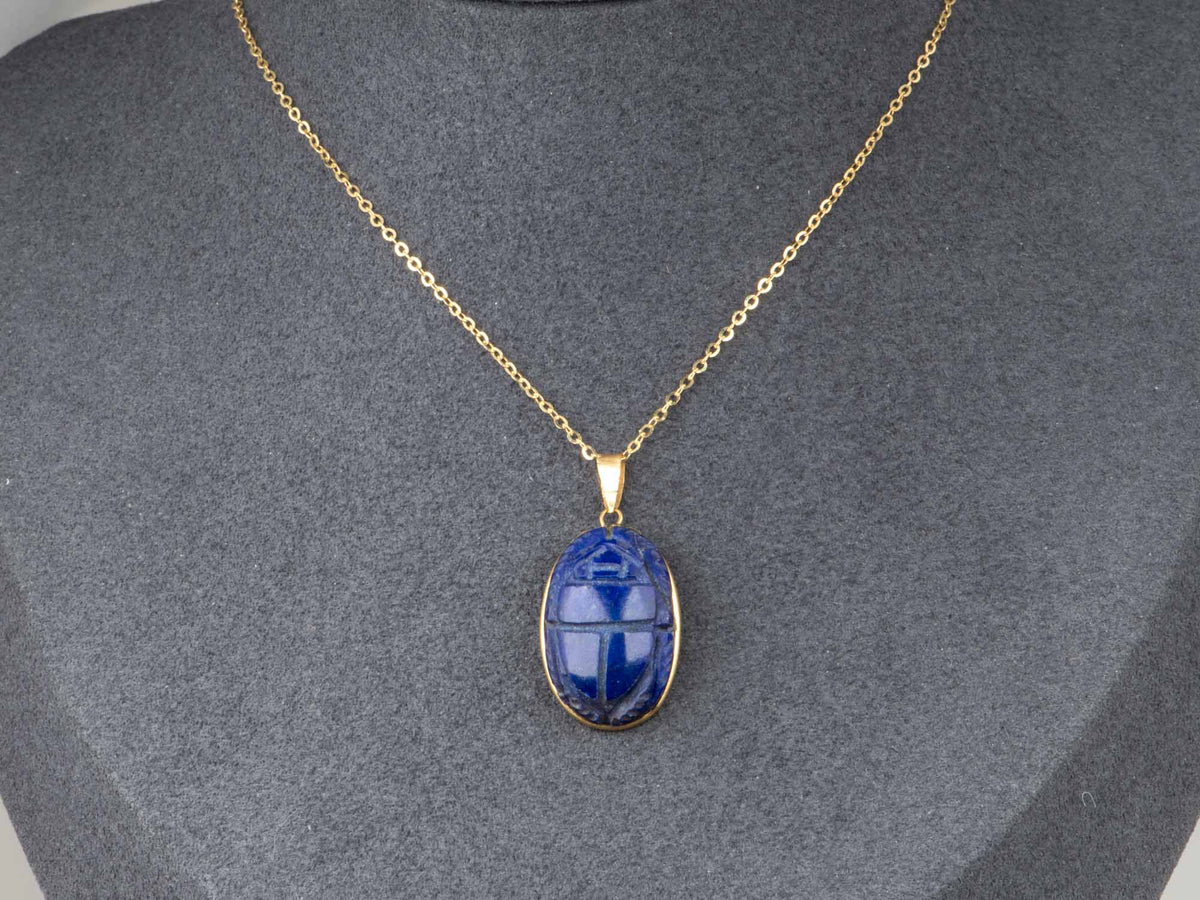 14K Gold Vintage Lapis Lazuli Scarab Pendant Egyptian Revival Carving Carved Gemstone Beetle Khepri God of Creation Rebirth V1262