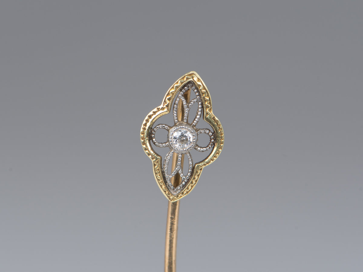 14K Gold Vintage Art Deco Filigree Stick Pin with Diamond Ornate Intricate Design Lapel Brooch V1264