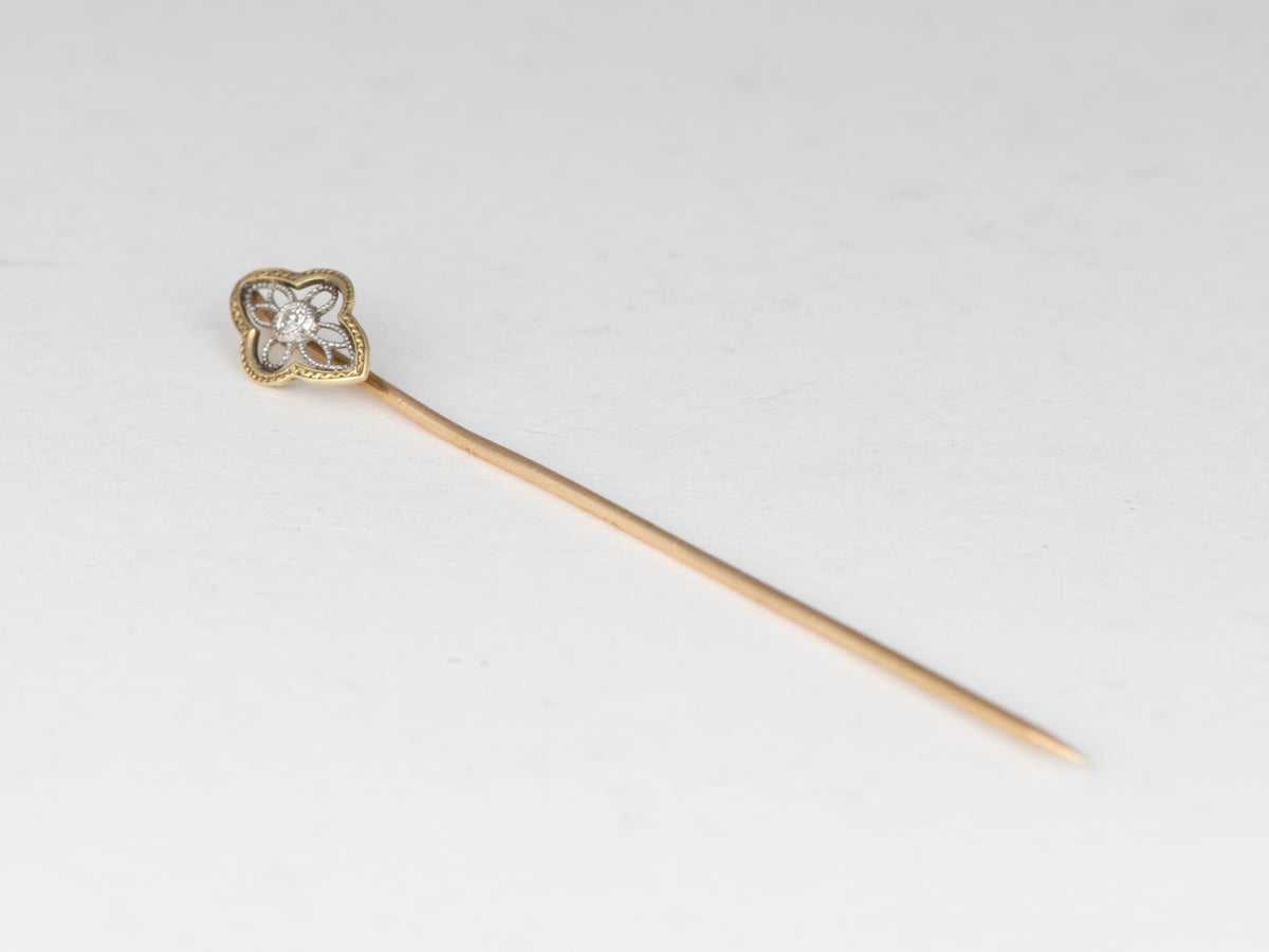 14K Gold Vintage Art Deco Filigree Stick Pin with Diamond Ornate Intricate Design Lapel Brooch V1264