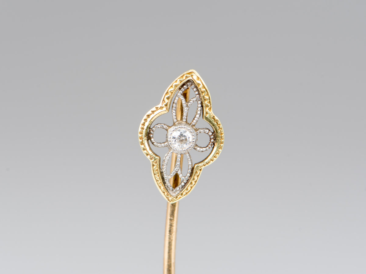 14K Gold Vintage Art Deco Filigree Stick Pin with Diamond Ornate Intricate Design Lapel Brooch V1264