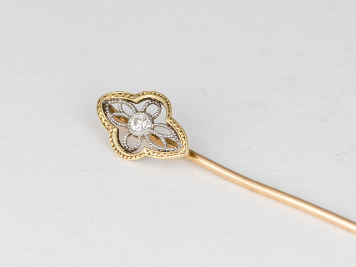 14K Gold Vintage Art Deco Filigree Stick Pin with Diamond Ornate Intricate Design Lapel Brooch V1264