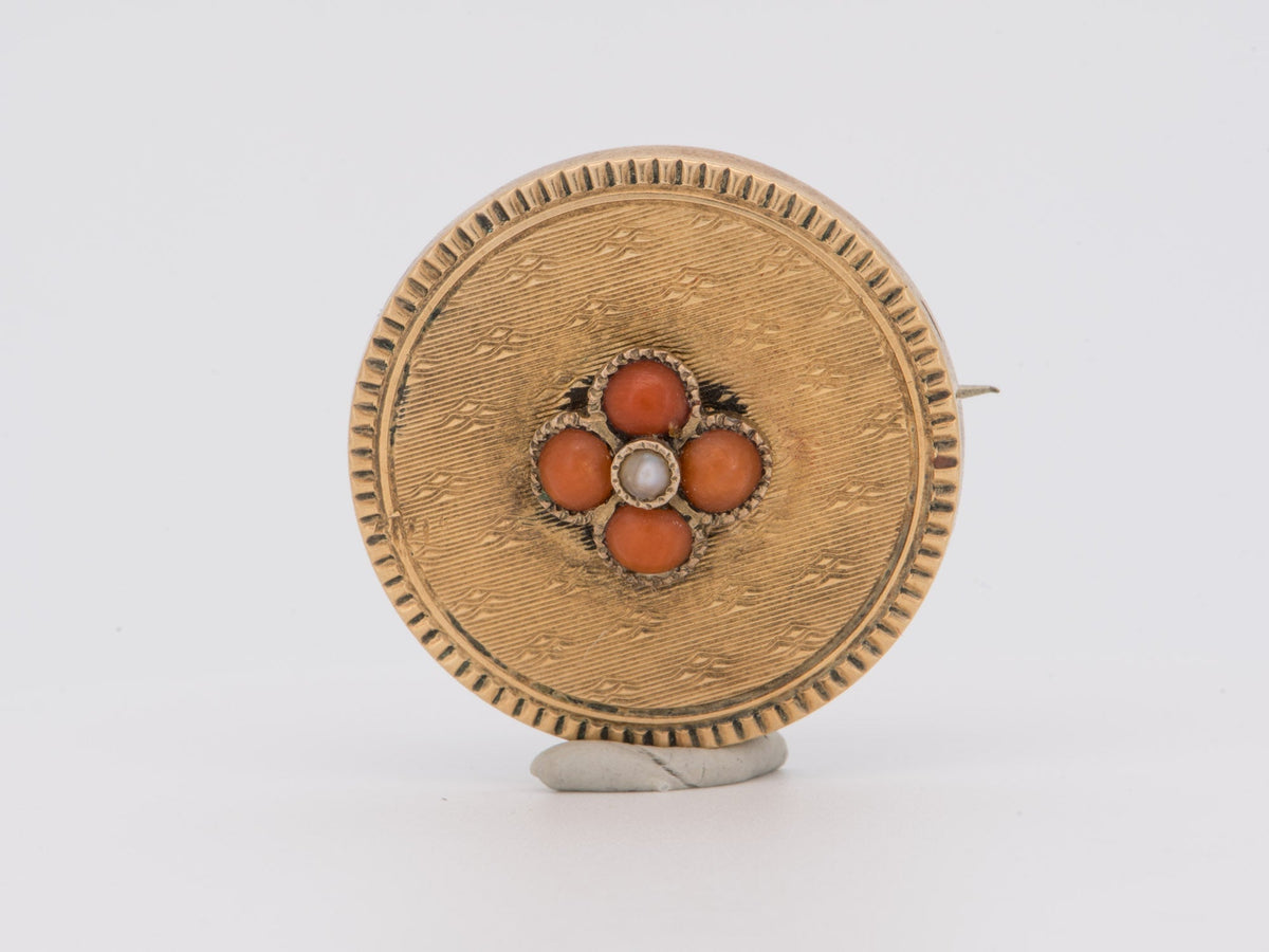 14K Gold Coral Seed Pearl Guilloché Lapel Pin Brooch Pendant Engine Turning Turned Guilloche Engraving V1266 Aurora Designer