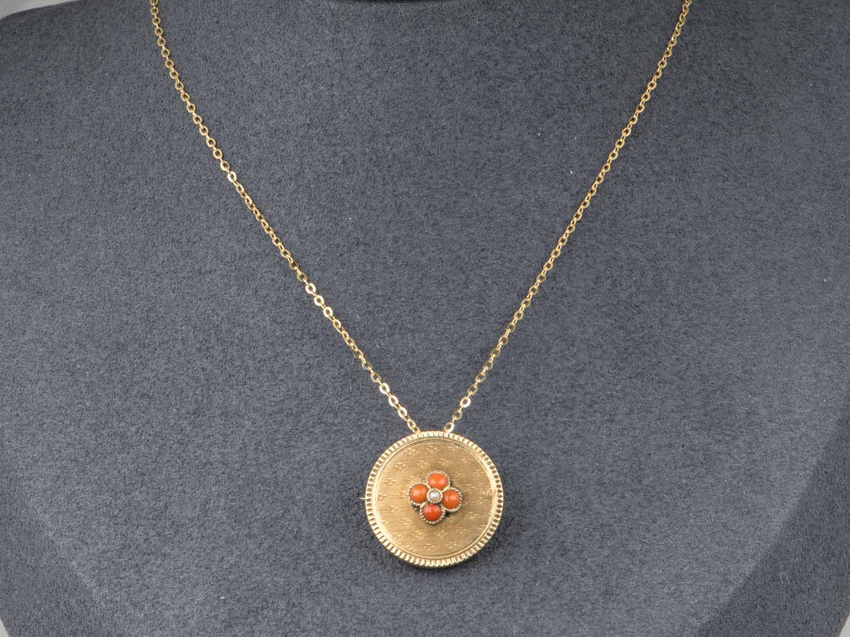 14K Gold Coral Seed Pearl Guilloché Lapel Pin Brooch Pendant Engine Turning Turned Guilloche Engraving V1266 Aurora Designer