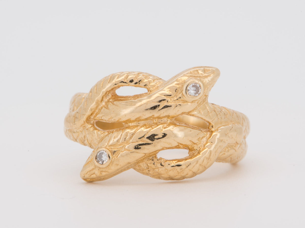 14K Gold Vintage Double Snake Intertwined Ring with Diamonds Coil Serpent Serpentine V1268 Aurora Designer