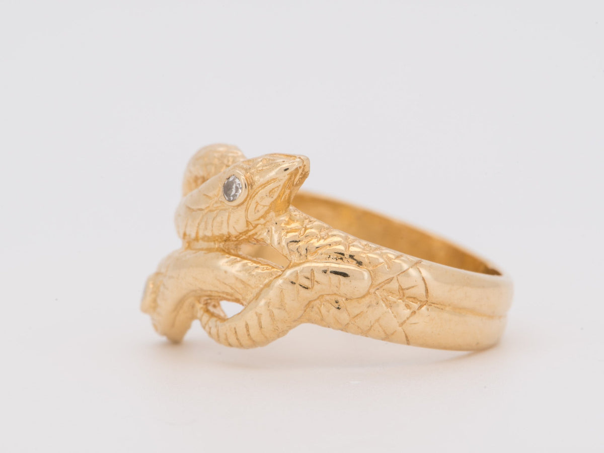 14K Gold Vintage Double Snake Intertwined Ring with Diamonds Coil Serpent Serpentine V1268 Aurora Designer