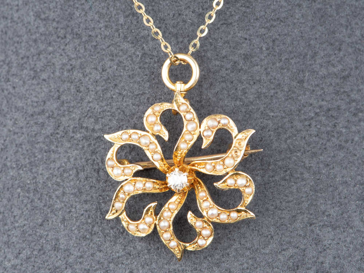 14K Gold Vintage Victorian Seed Pearl Starburst Pin Convertible to Pendant with Old Cut Diamond Center Missing Two Pearls V1269