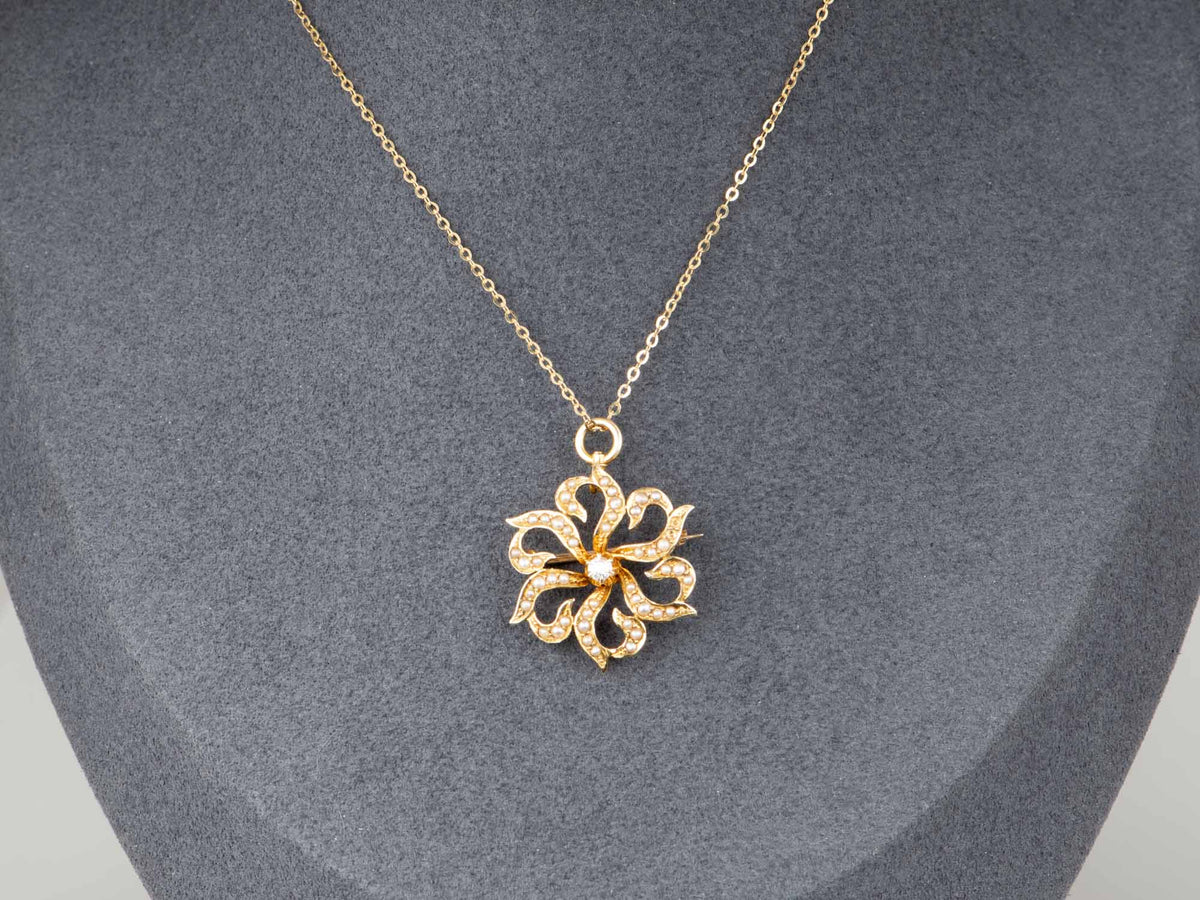 14K Gold Vintage Victorian Seed Pearl Starburst Pin Convertible to Pendant with Old Cut Diamond Center Missing Two Pearls V1269