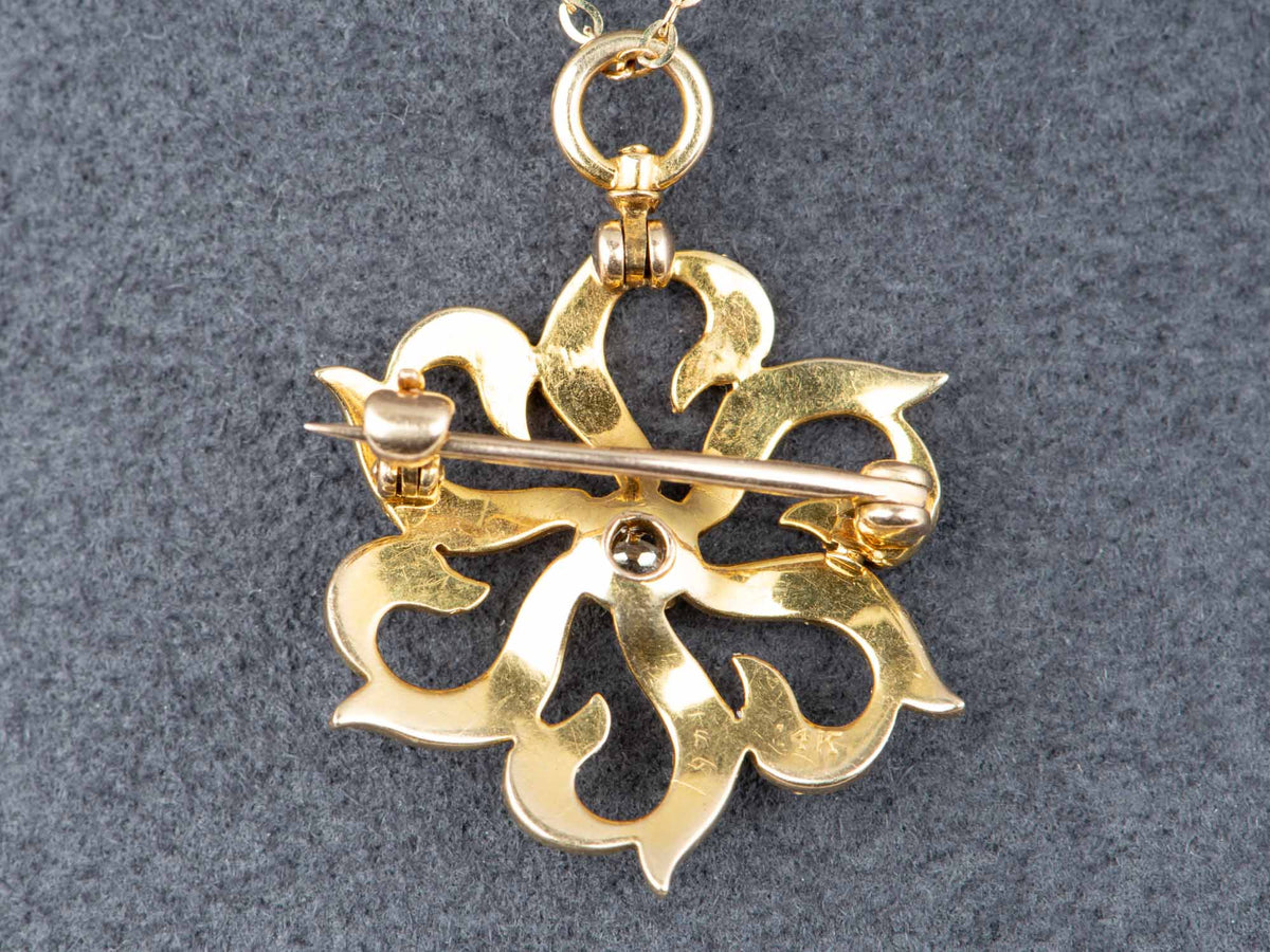 14K Gold Vintage Victorian Seed Pearl Starburst Pin Convertible to Pendant with Old Cut Diamond Center Missing Two Pearls V1269