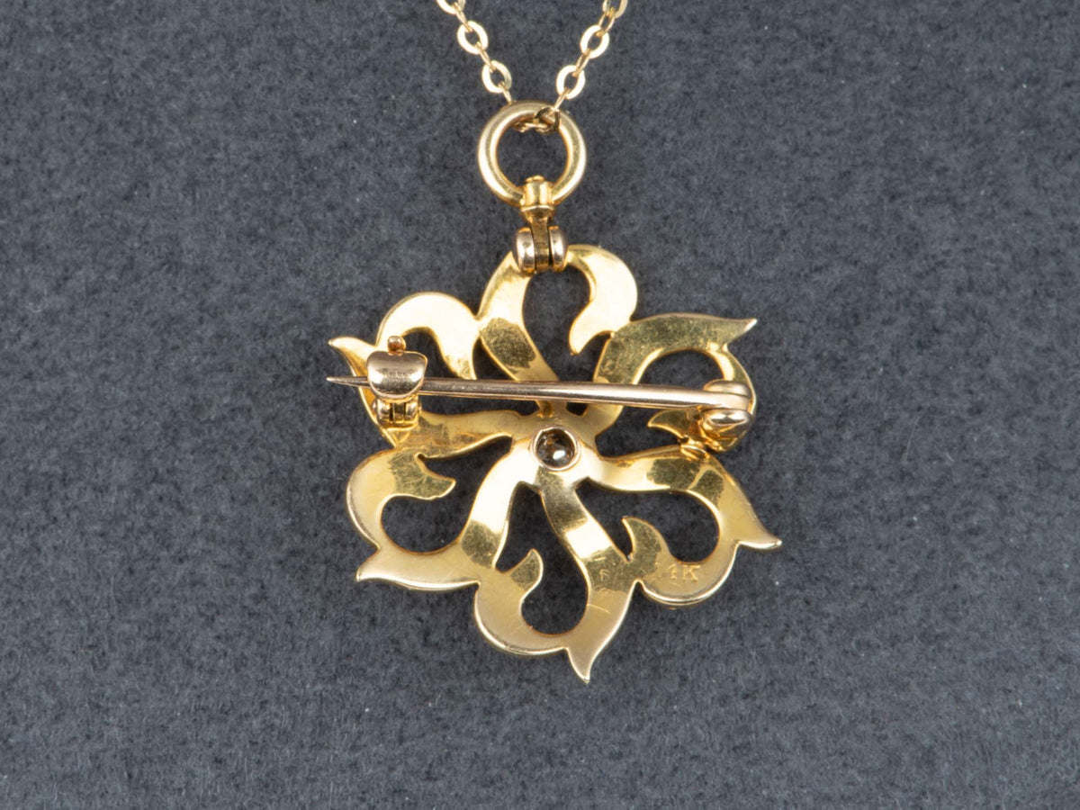 14K Gold Vintage Victorian Seed Pearl Starburst Pin Convertible to Pendant with Old Cut Diamond Center Missing Two Pearls V1269
