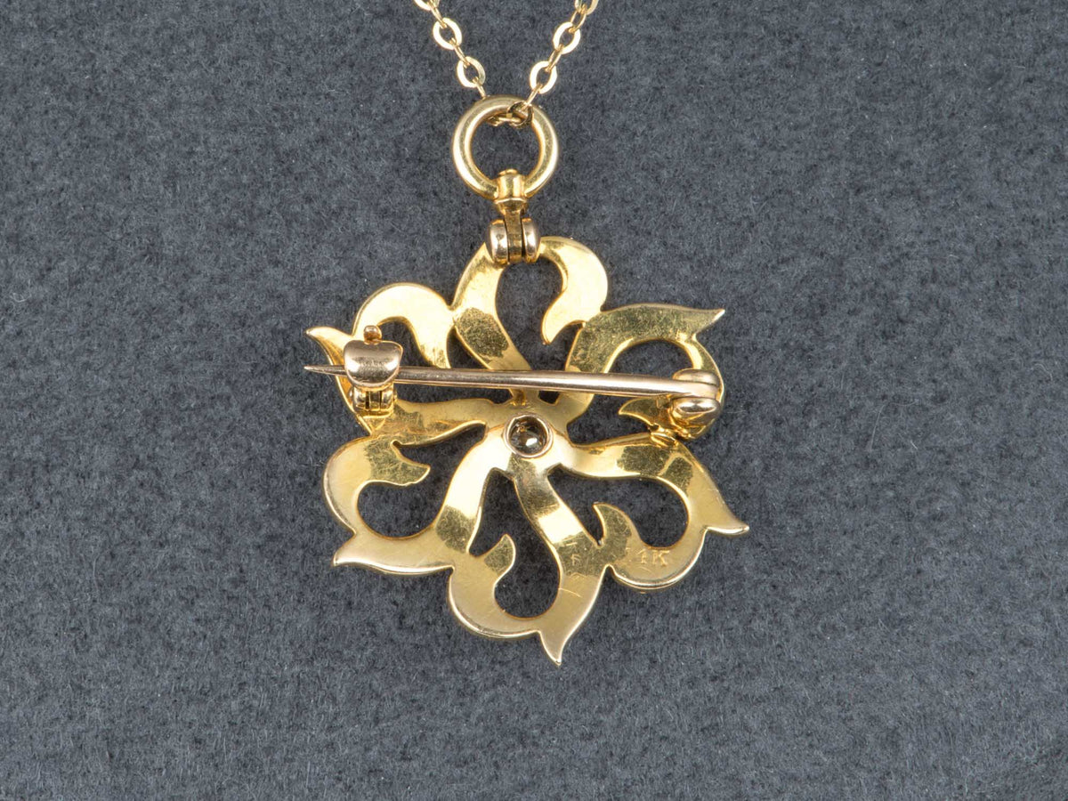 14K Gold Vintage Victorian Seed Pearl Starburst Pin Convertible to Pendant with Old Cut Diamond Center Missing Two Pearls V1269