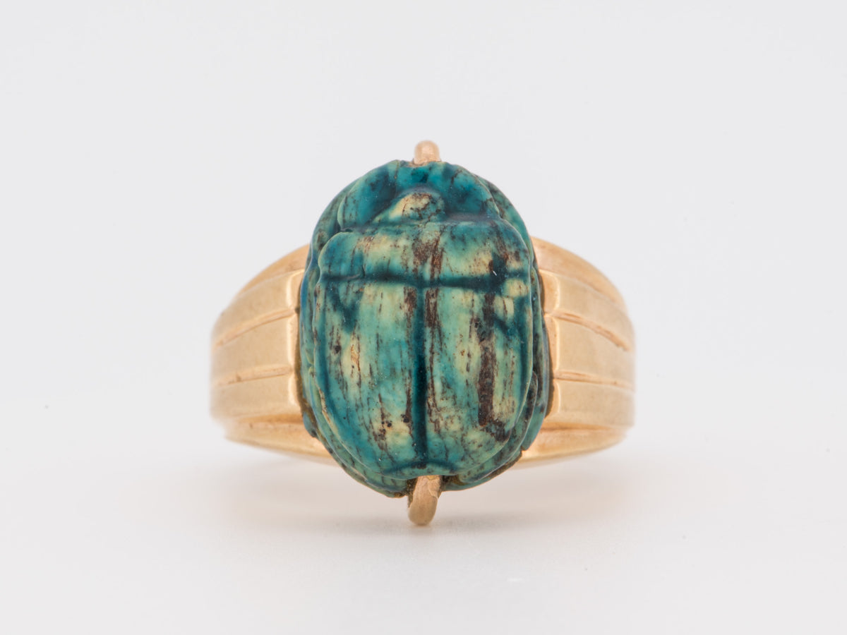 14K Gold Antique Scarab Carving Ring Egyptian Revival Sacred Beetle Khepri God of Creation Rebirth V1270