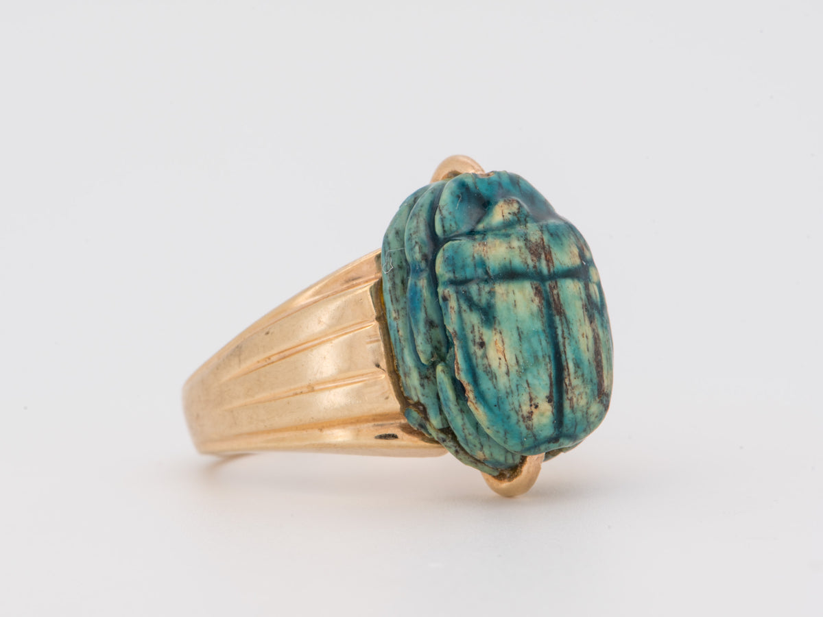 14K Gold Antique Scarab Carving Ring Egyptian Revival Sacred Beetle Khepri God of Creation Rebirth V1270